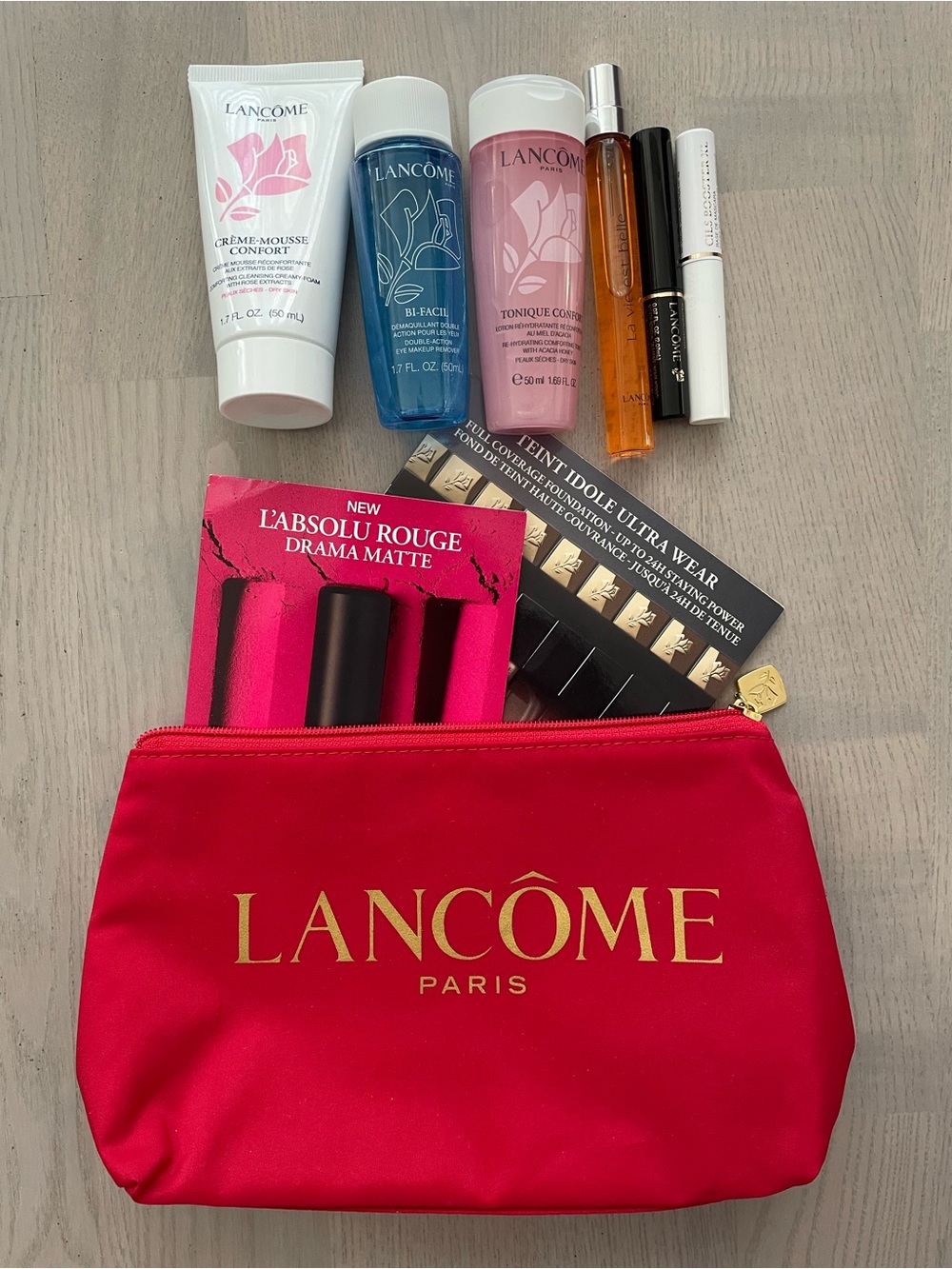 Lancôme Red Logo Cosmetic Pouch with Mini Skincare & Makeup Products